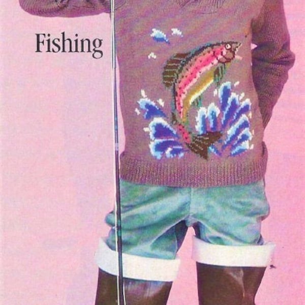 Vintage Knitting Pattern Mens Rainbow Trout Fishing Sweater Pullover Crossover Neck PDF Instant Digital Download Fishermans Delight 8 Ply