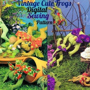 Vintage Sewing Pattern Cute Hairbow Frogs Soft Toys 2 Sizes PDF Instant Digital Download Sewn Stuffed Froggie Family Beanies Button Eyes