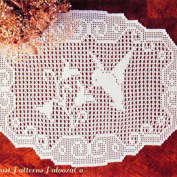 Vintage Filet Crochet Pattern 25" Hummingbird & Flowers Centerpiece PDF Instant Digital Download White Cotton Thread Dresser Table Doily