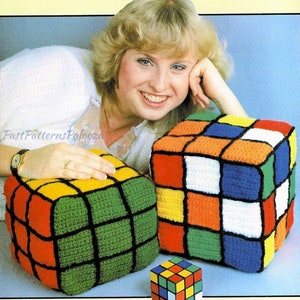 Vintage Crochet Pattern 8" Rubik's Cube Square Puzzle Pillow or Toy PDF Instant Digital Download Retro 1980s Plush Novelty Amigurumi 4 Ply