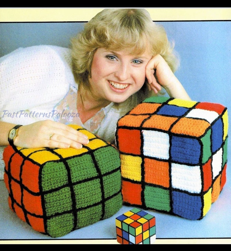 Vintage Crochet Pattern 8" Rubik's Cube Square Puzzle Pillow or Toy PDF Instant Digital Download Retro 1980s Plush Novelty Amigurumi 4 Ply imagem 1