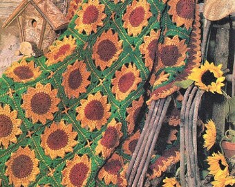 Crochet Sunflower Motif Afghan Pattern PDF Instant Digital Download Vintage Sunflowers Afghan Blanket 42x54 10 Ply