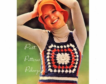 Vintage Crochet Pattern Womens Postage Stamp Vest Granny Square Rib Tickler Tank Halter Top Retro Shrink PDF Instant Digital Download 5 Ply
