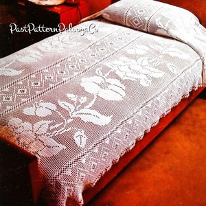 Vintage Filet Crochet Lacy Bedspread Flower and Diamond Panels PDF Instant Digital Download White Cotton Thread Bed Cover 90x64