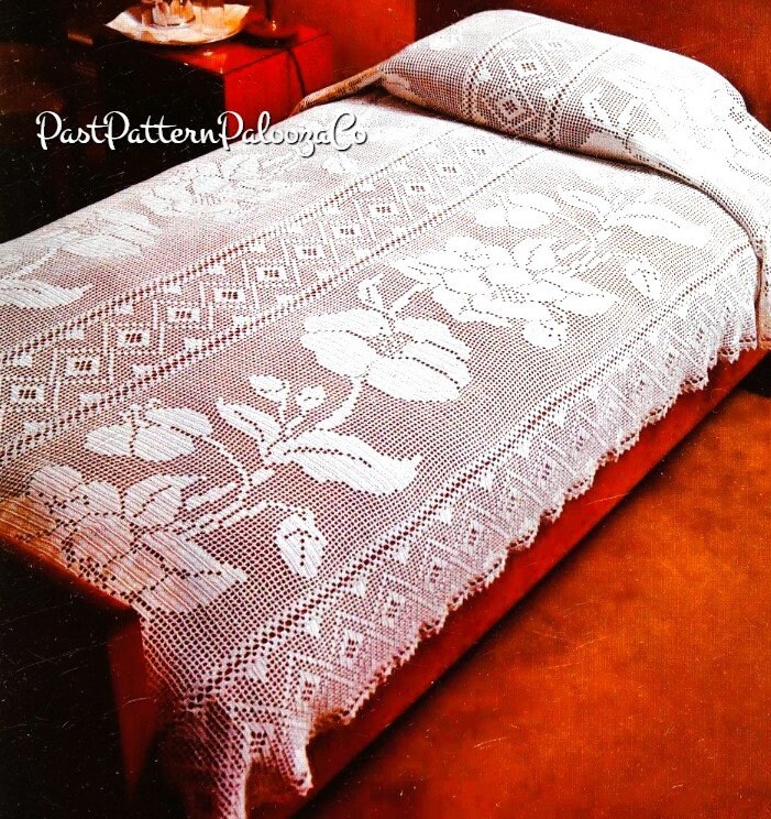 Vintage Filet Crochet Lacy Bedspread Flower and Diamond Panels PDF