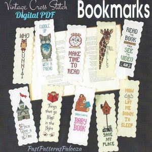 Vintage Cross Stitch Patterns Fun Bookmarks PDF Instant Digital Download Set of 10 Embroidered Book Marks