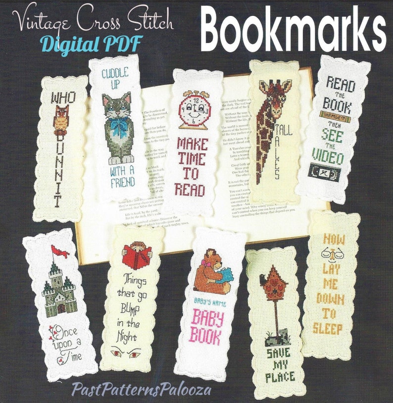 Vintage Cross Stitch Patterns Fun Bookmarks PDF Instant Digital Download Set of 10 Embroidered Book Marks image 1