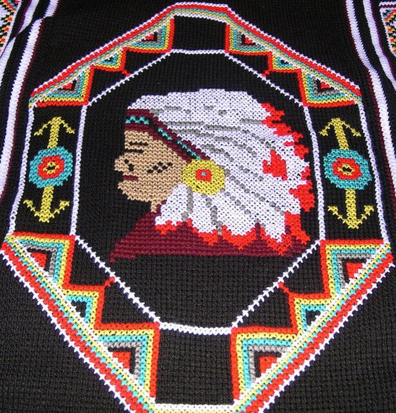 Vintage Crochet Afghan American Indian Blanket Pattern PDF Instant Digital Download Indian Chief Head Throw 4 Ply afbeelding 4