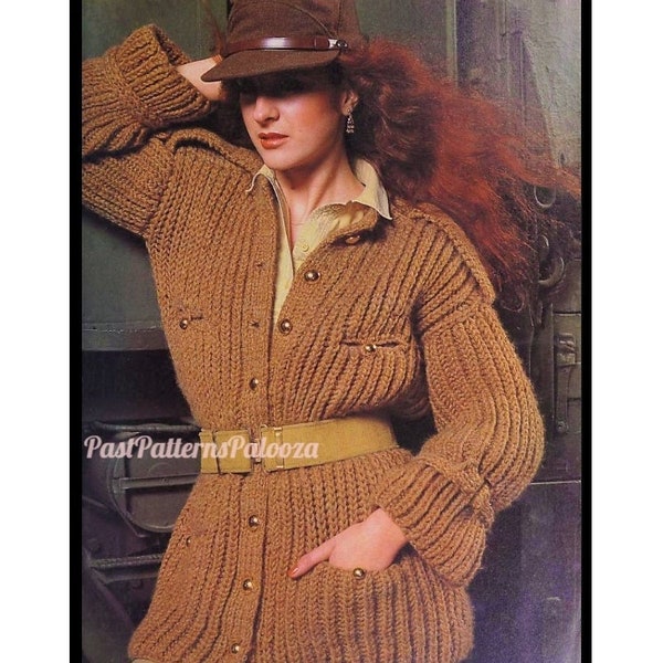 Vintage Knitting Pattern Womens Retro Military Jacket Cardigan Sweater Epaulettes PDF Instant Digital Download Brioche Chunky Bulky 12 Ply