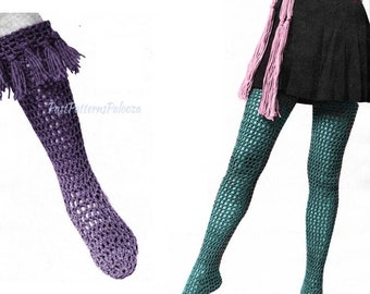 Vintage Crochet Pattern Womens Pretty Mesh Net Long Stockings Tights and Tassel Socks PDF Instant Digital Download Retro Hosiery 10 Ply