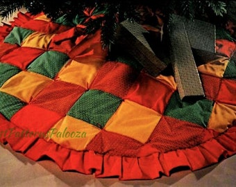 Vintage Sewing Pattern Calico Patchwork Christmas Tree Skirt PDF Instant Digital Download Sewn Quilted Fabric Squares Ruffled Edge 46"