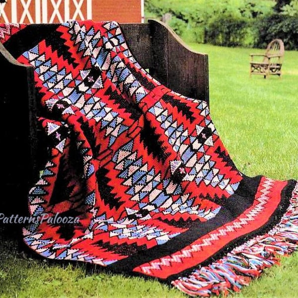 Vintage Crochet Afghan American Indian Blanket Pattern PDF Instant Digital Download Geometric Navajo Pottery 58x67 Tunisian Stitch 10 Ply