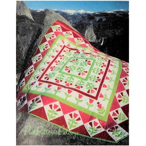 May include: A quilt with a floral pattern in shades of red, green, and white. The quilt is displayed on a large rock with a mountain range in the background. The text "Past Patterns Palooza" is visible in the lower left corner.