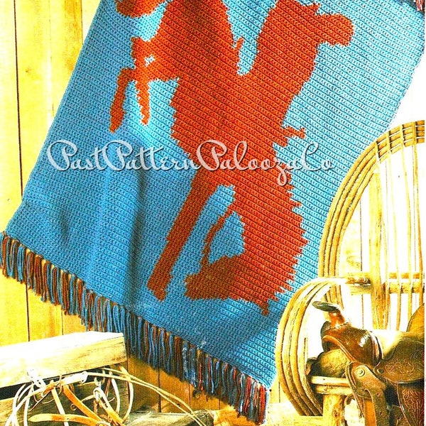 Vintage Crochet Pattern Old West Rodeo Afghan PDF Instant Digital Download Cowboy Bronco Blanket 44x57 12 Ply