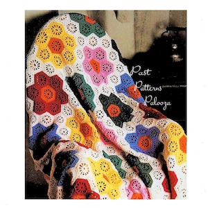 Vintage Crochet Pattern Colorful Hexagon Flower Blanket Granny Square Afghan PDF Instant Digital Download Scrap Yarn Throw 69x54 5 Ply