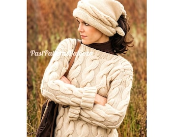 Vintage Knitting Pattern Womens Bold Cabled Sweater and Scarf Hat Set PDF Instant Digital Download Dramatic Cable Twist Pullover