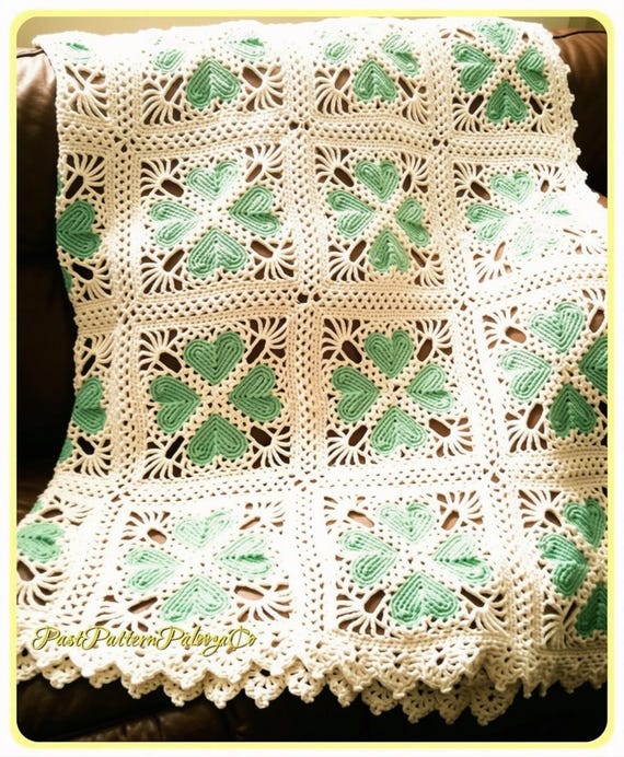 Vintage Crochet Pattern Lacy 4 Leaf Clover Hearts Granny Squares Afghan PDF Instant Digital Download Linked Valentines Throw Blanket 10 Ply