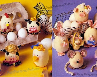 Vintage patrón de costura tela animal huevos de Pascua escultura suave juguetes pollo conejito pato vaca cerdo ratón Eggies PDF Descarga digital instantánea