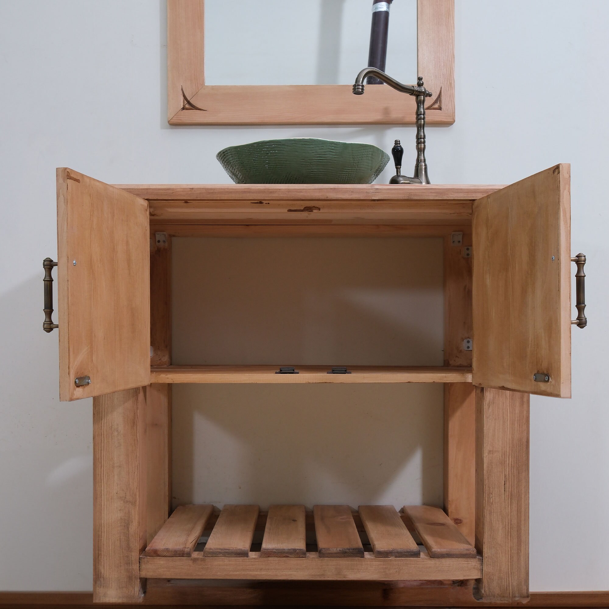 Wooden Handmade Retro Bathroom Cabinet Mirror Set Bathroom Vanity ...