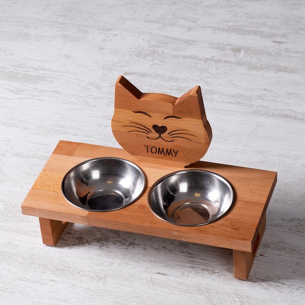 Cat bowl, cat food bowl, water bowl, Cat Feeding shelf With 2 Bowls, Unique Cat Lover Gift, Personalized Wood Pet Bowl Stands, Personalized