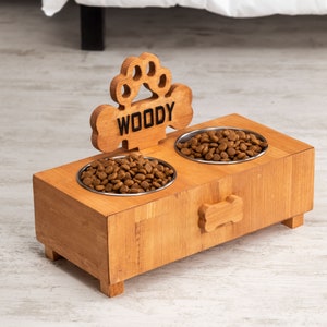 Personalized Wood Pet Bowl Stands, Elevated Dog Bowl Feeding Station, Dog stand with drawers, Dog bowl holder, Water bowl, Stainless steel