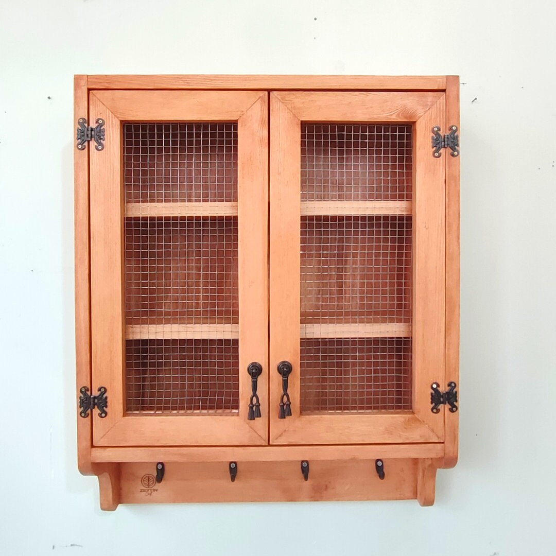 Rustic Wall Cabinet with Mesh Doors – Handmade Wood Spice Rack – 60x45cm Farmhouse Decor
