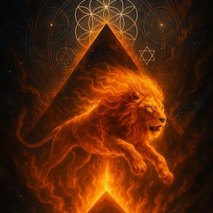 May include: An artistic illustration of a fiery lion leaping above a pyramid. The lion is rendered in shades of orange and red, with a flowing mane and body. Geometric shapes and celestial elements surround the lion, set against a dark background.