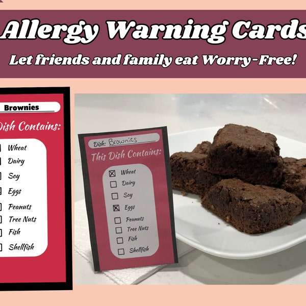 Allergy Warning Cards - Perfect for Family Dinners, Potlucks, Banquets, Cookouts, and more!