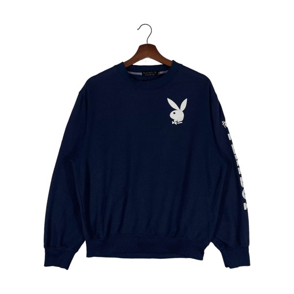 Vintage Playboy Sweatshirt with Logo Front Back Sleeve Crewneck Blue Pullover Jumper Size M