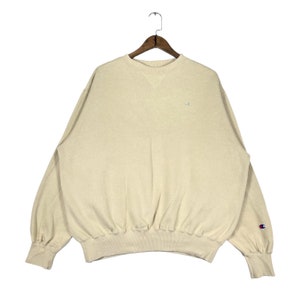 Vintage Champion Sweatshirt Crewneck Beige Printed Logo Pullover Jumper Size L