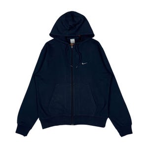 Vintage Nike Swoosh Full Zip Hoodie Sweater Small Logo Embroidery Navy Blue Pullover Jumper Size L