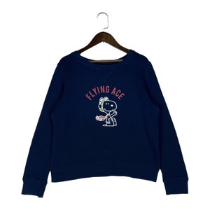 Vintage Peanuts Snoopy Flying Ace Sweatshirt Crewneck Navy Blue Pullover Jumper Maat M