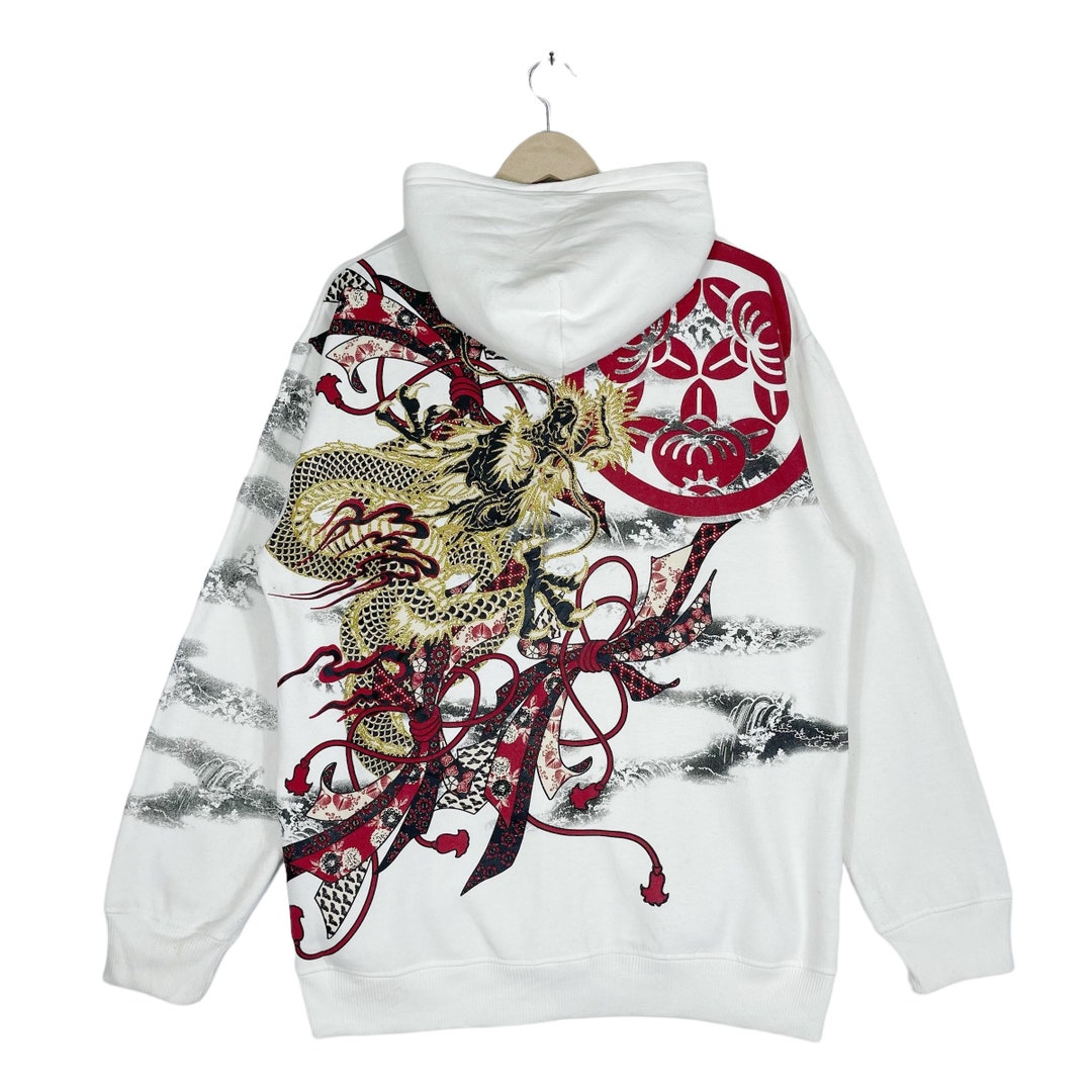 Vintage Dragon Over the Clouds Hoodie Sweater Over Print White Pullover Zipper Jumper Size L Etsy Canada