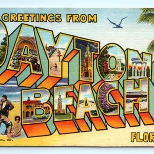 Old Florida Postcard ~ 1940s-1950s Linen Card ~ Greetings from Daytona Beach FL ~ Large Letter ~ Original Vintage Unposted ~ Unwritten