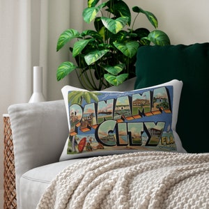 Postcard Pillow ~ Greetings from Panama City FL ~ Pillow w/ Vintage Image on Front/Back ~  Decor ~ Panama City Airbnb Decor