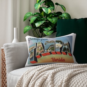 Postcard Pillow ~ Greetings from Tampa Florida FL ~ Pillow w/ Vintage Image on Front/Back ~ Decor ~ Tampa Airbnb Decor