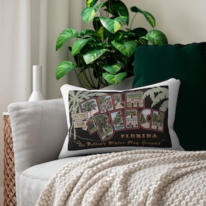 Palm Beach Postcard Pillow ~ Greetings from Palm Beach FL Florida ~ 20 inches x 14 inches Lumbar Pillow Includes Stuffing!