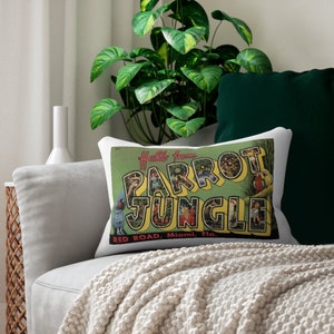 Hello from Parrot Jungle ~ Miami Florida FL Postcard Pillow from Vintage Image Lumbar Pillow 20 inches x 14 inches