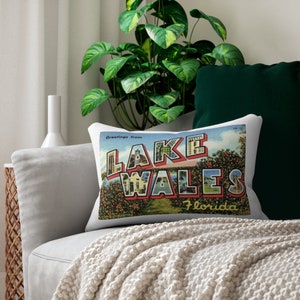 Lake Wales Florida Postcard Pillow ~ Greetings from Lake Wales FL ~ Pillow w/ Vintage Image on Front/Back ~  Decor ~ Airbnb