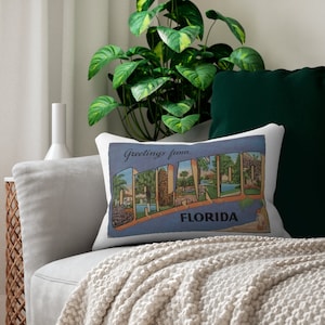 Postcard Pillow ~ Greetings from Orlando Florida FL ~ Pillow w/ Vintage Image on Front/Back ~  Decor ~ Orlando Airbnb Decor