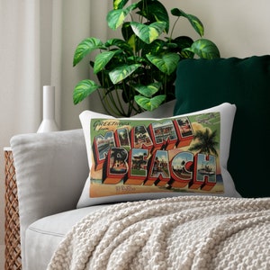 Postcard Pillow ~ Greetings from Miami Beach Florida FL ~ Pillow w/ Vintage Image on Front/Back ~ Tropical MIA Decor ~ South Florida