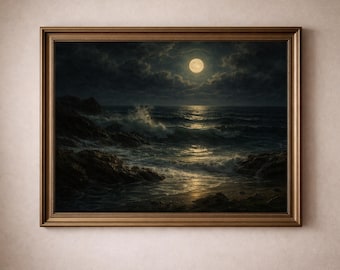 Moonlit Waves on a Rocky Coast – Tonalist Seascape Print, Moody Night Ocean Art