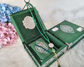 Personalized Prayer Velvet Quran Pearl Prayer Beads Islamic Gift Set | Eid Gift | Wedding Favors | Birthday Gift | Ramadan Mubarak