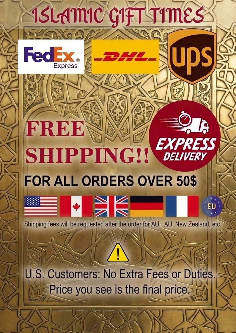 May include: A gold-colored background with an intricate geometric pattern featuring the text ISLAMIC GIFT TIMES, FedEx Express, DHL, and UPS logos. It includes a red circle with a white delivery truck icon and the text EXPRESS DELIVERY.