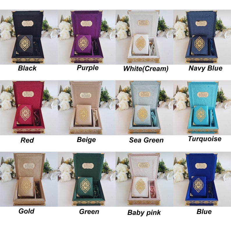 May include: Twelve different colored velvet boxes with gold trim, each containing a small book and a set of prayer beads. The boxes are arranged in four rows of three, with the colors black, purple, white, navy blue, red, beige, sea green, turquoise, gold, green, baby pink, and blue.