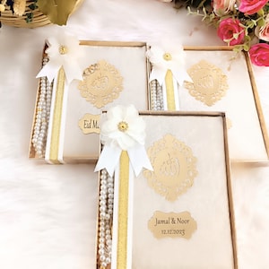 Personalisierte Samt Dua Book Tasbeeh Beutel mit verzierter Box Muslimisches Geschenkset | Eid Geschenk | Hochzeitsgeschenk | Baby Shower Geschenk | Hajj Umrah Geschenk