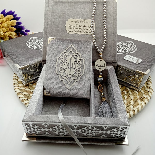 Personalisierte Gebet Samt Koran Perle Gebetskette Islamische Geschenk Set | Eid Geschenk | Gastgeschenke | Geburtstagsgeschenk | Ramadan Mubarak