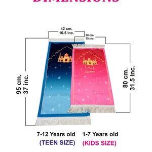 May include: Two rectangular prayer rugs with fringe. The larger blue rug measures 37 inches by 16.5 inches for ages 7-12. The smaller pink rug measures 31.5 inches by 15 inches for ages 1-7. Both feature a mosque arch graphic and star patterns.