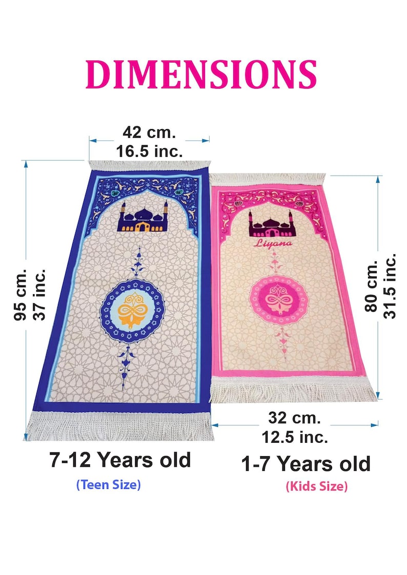 May include: Two prayer rugs with different sizes and colors. The larger rug is blue with a mosque design and measures 37 inches by 16.5 inches. The smaller rug is pink with a mosque design and measures 31.5 inches by 12.5 inches. The rugs are labeled with the ages they are appropriate for: 7-12 years old (teen size) and 1-7 years old (kids size).