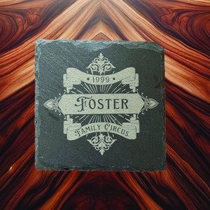 Custom Family Name Slate Coasters - Set of 4 - Personalized Etched Design